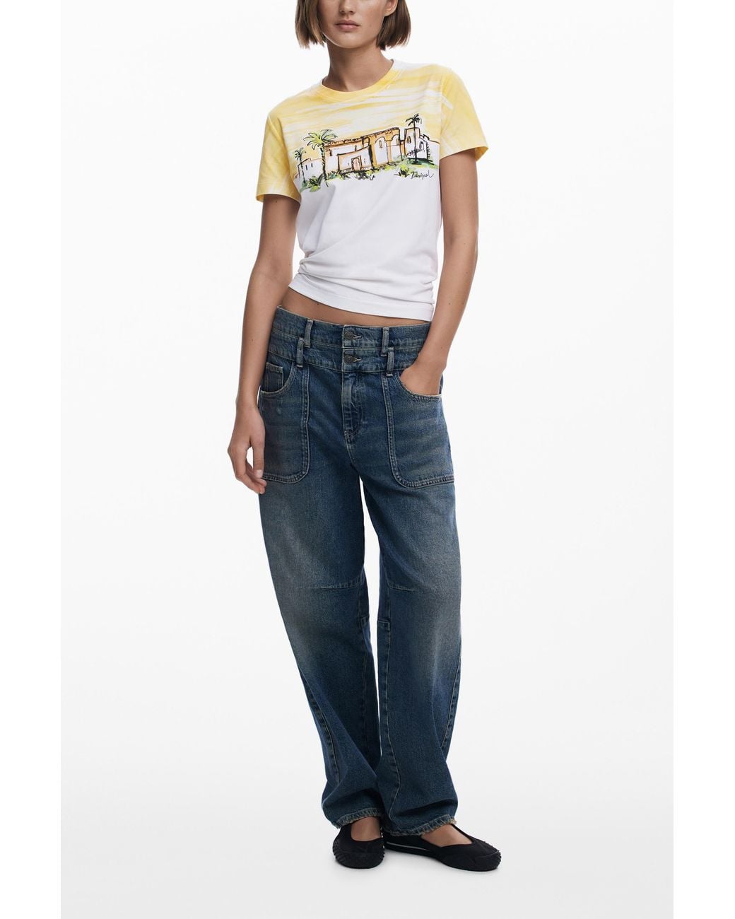 Desigual White Short-Sleeve Palm Tree T-Shirt, Cotton