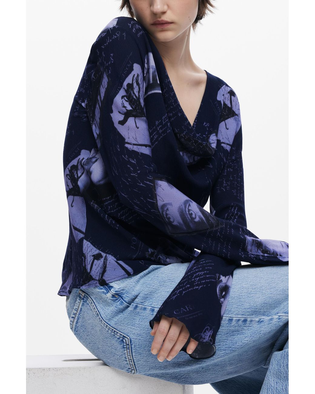 Desigual Blue Asymmetric Collage Blouse, Viscose
