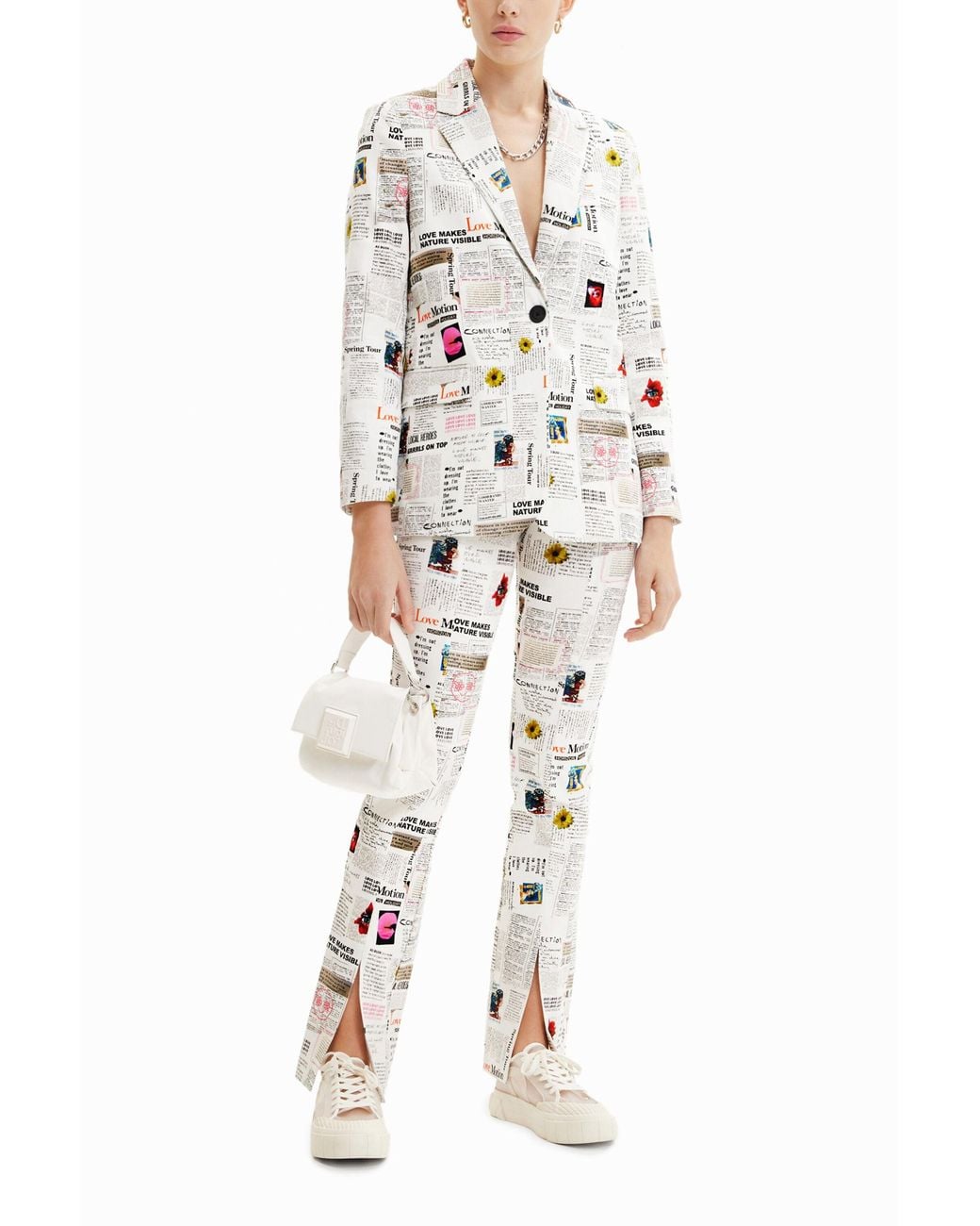 Desigual White Newspaper Blazer, Cotton