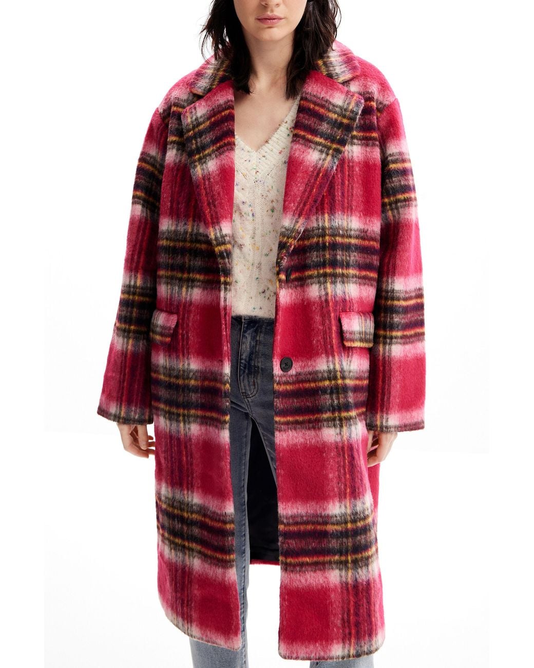 Desigual Red Plaid Wool Coat