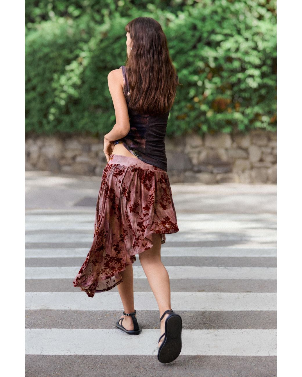Desigual Red Asymmetrical Flocked Skirt, Polyester