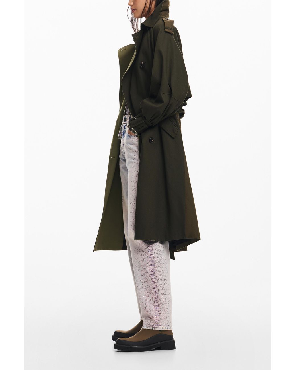 Desigual Black Long Trench Coat, Cotton