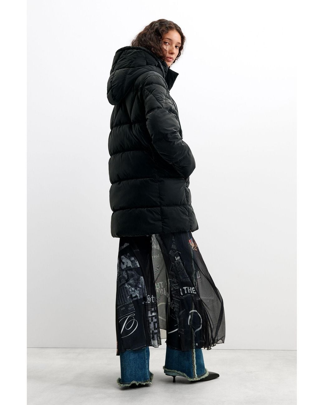 Desigual Black Long Padded Coat, Polyurethane