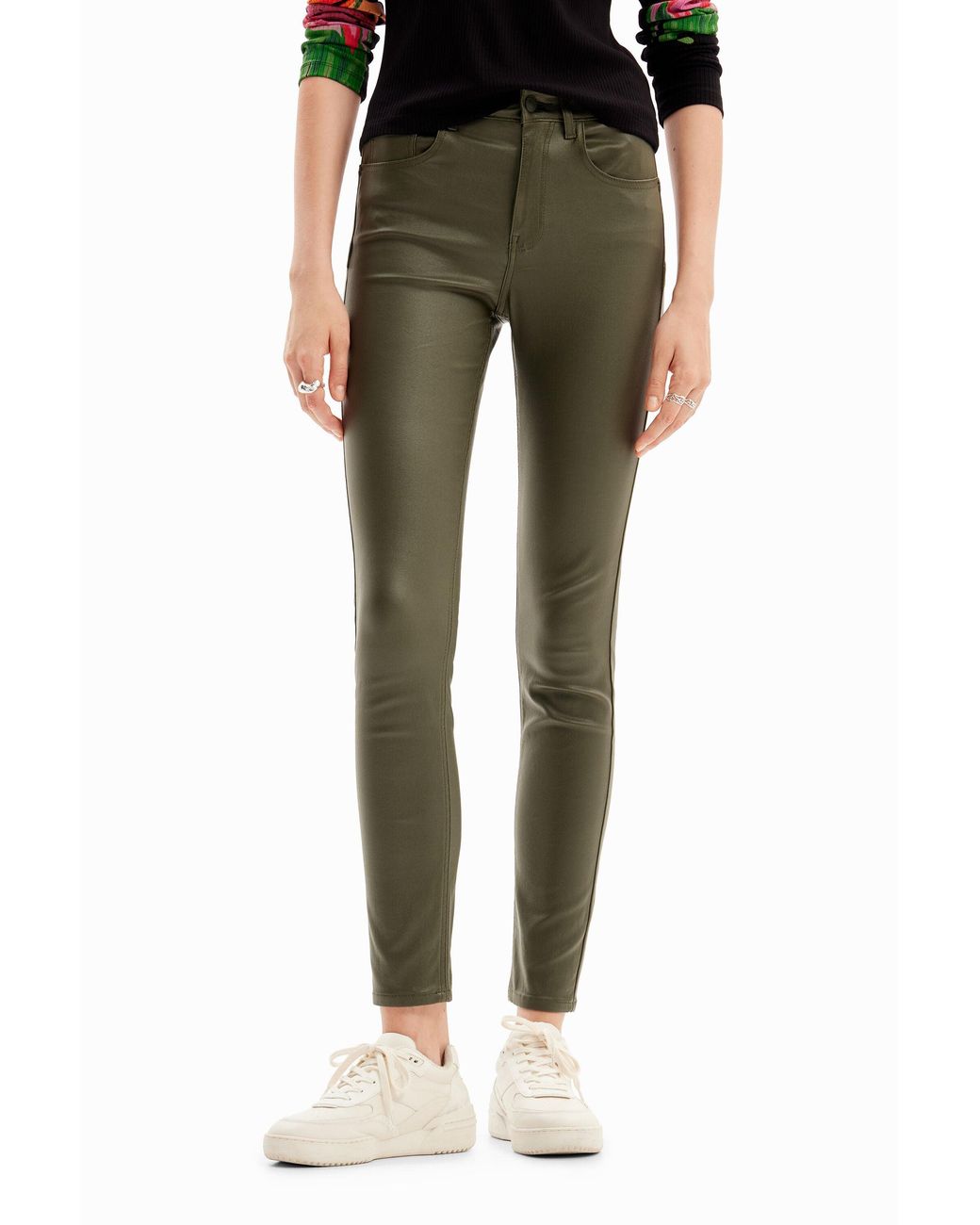 Desigual Green Leather-Effect Slim Trousers, Polyurethane