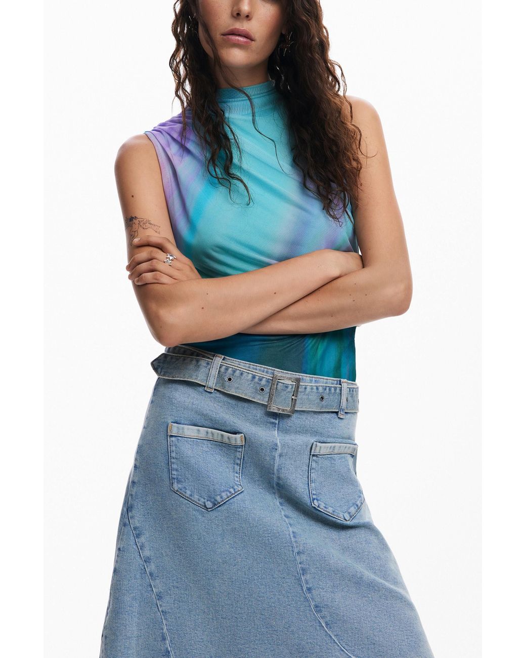 Desigual Blue Asymmetric Denim Skirt, Cotton