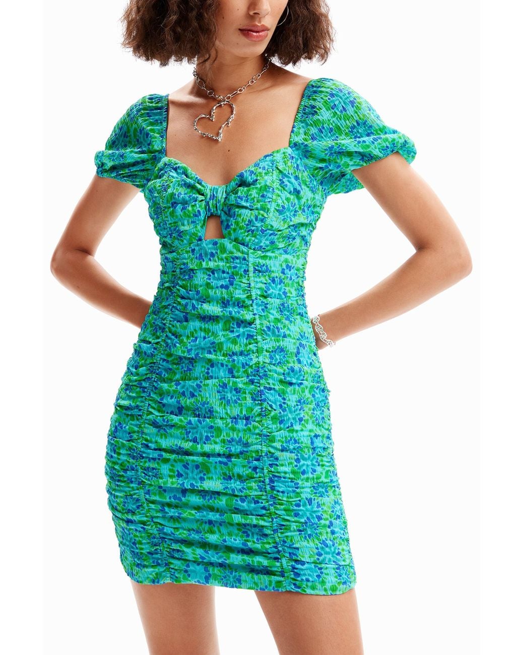 Desigual Green Short Ruched Knot Dress, Polyester