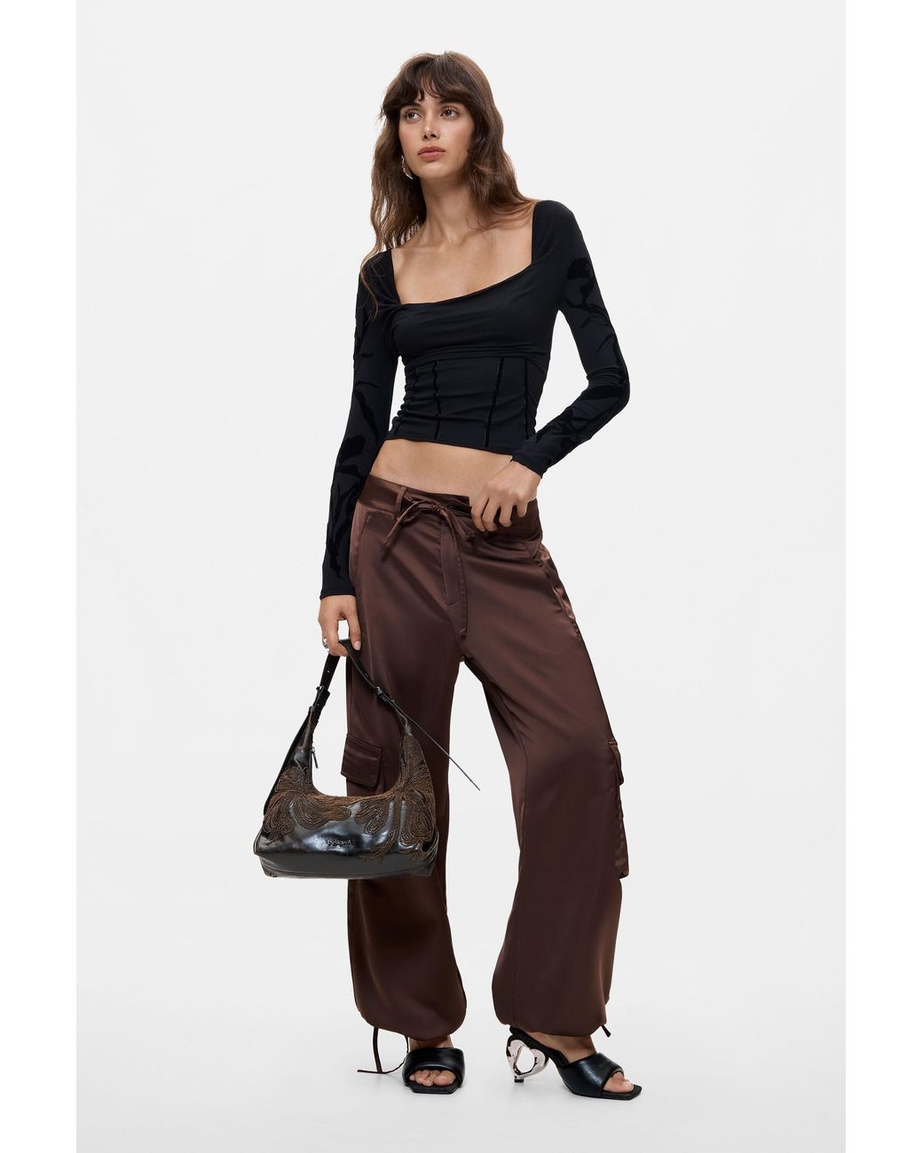 Desigual Black Draped Neck T-Shirt, Viscose