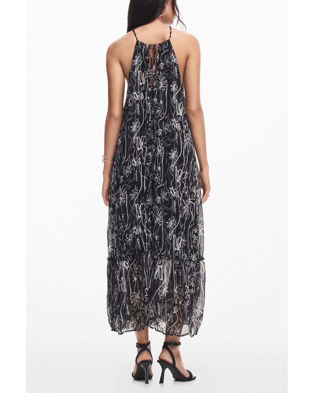 Desigual Black Halter Dress With Floral Illustrations, Polyester