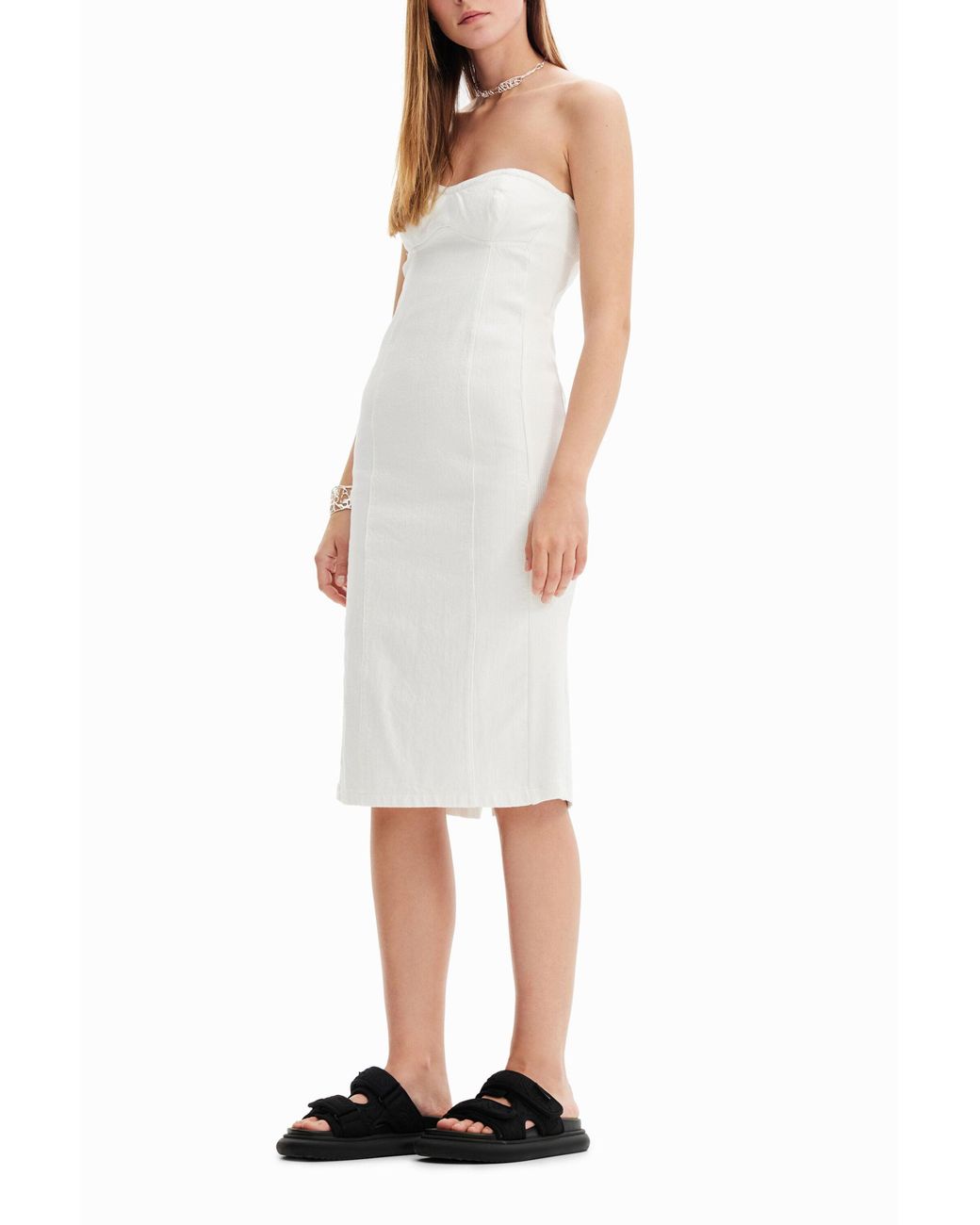 Desigual White Slim Denim Midi Dress, Cotton
