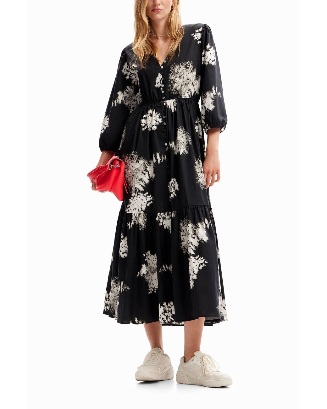 Desigual Black Floral Midi Shirt Dress, Cotton
