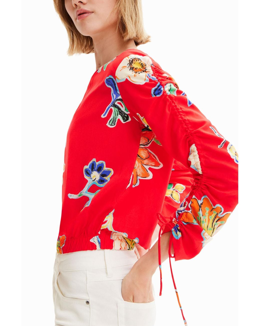 Desigual Short Gathered Floral Blouse, Viscose