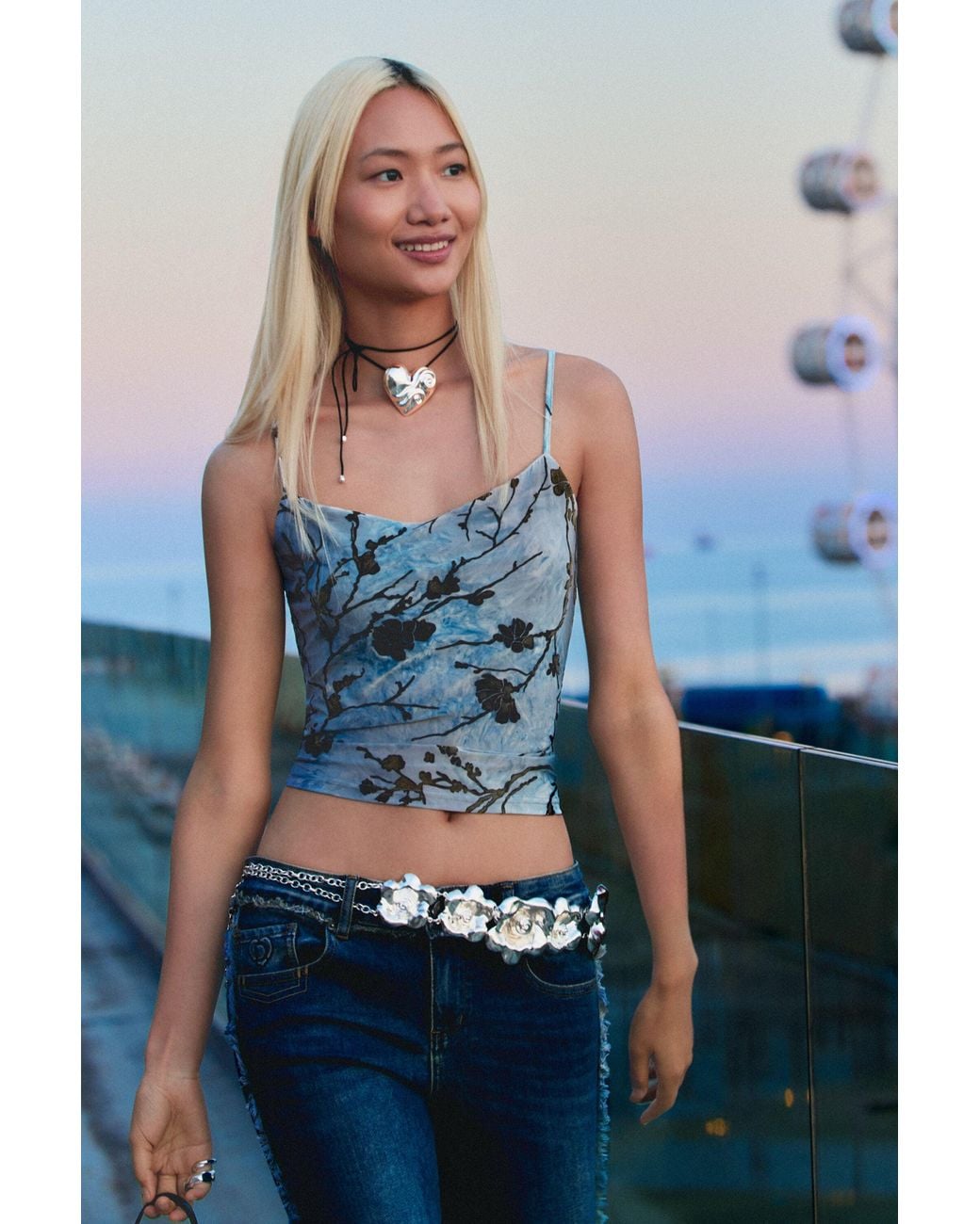 Desigual Blue Flocked Strappy Top, Polyester