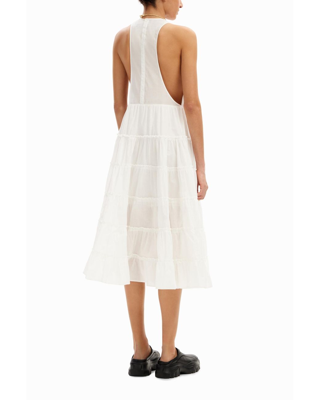 Desigual White M. Christian Lacroix Plunging Midi Dress, Cotton