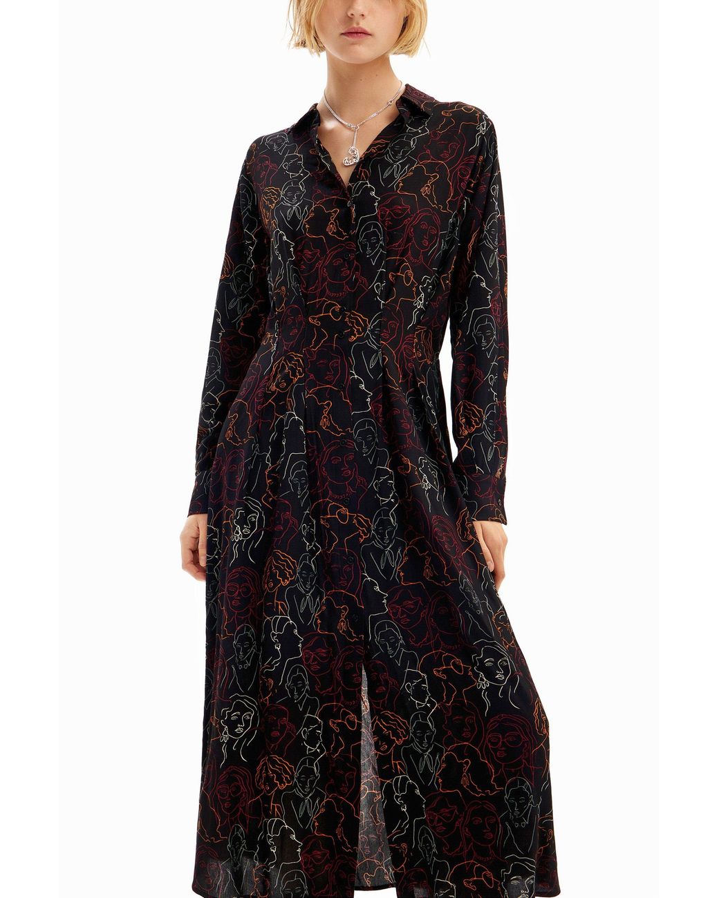 Desigual Black Faces Midi Shirt Dress, Viscose