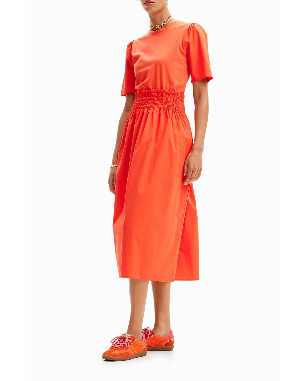 Desigual Red Plain Combination Midi Dress, Cotton