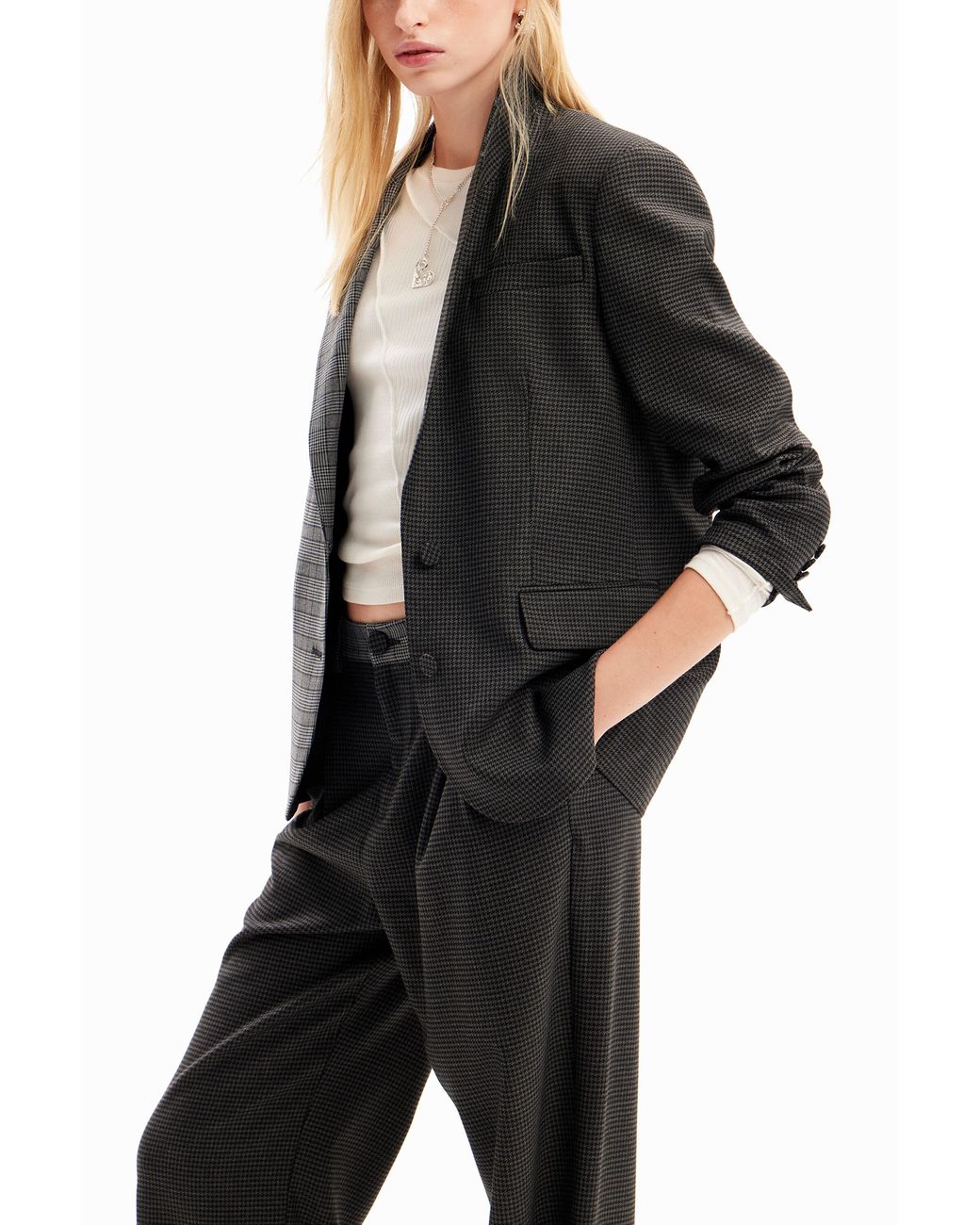 Desigual Black Straight Houndstooth Patch Blazer