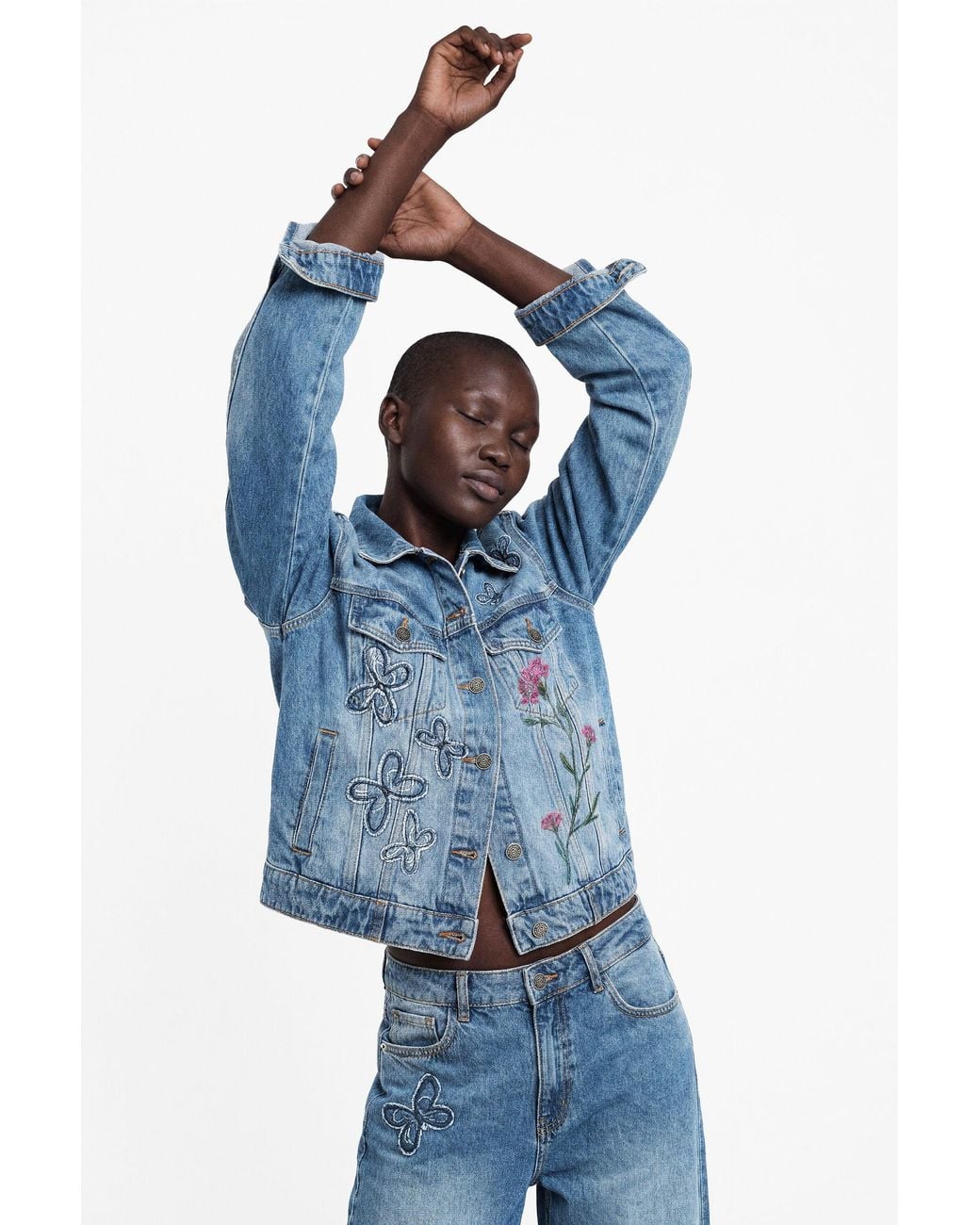 Desigual Blue Embroidered Denim Jacket 100% Cotton, Cotton
