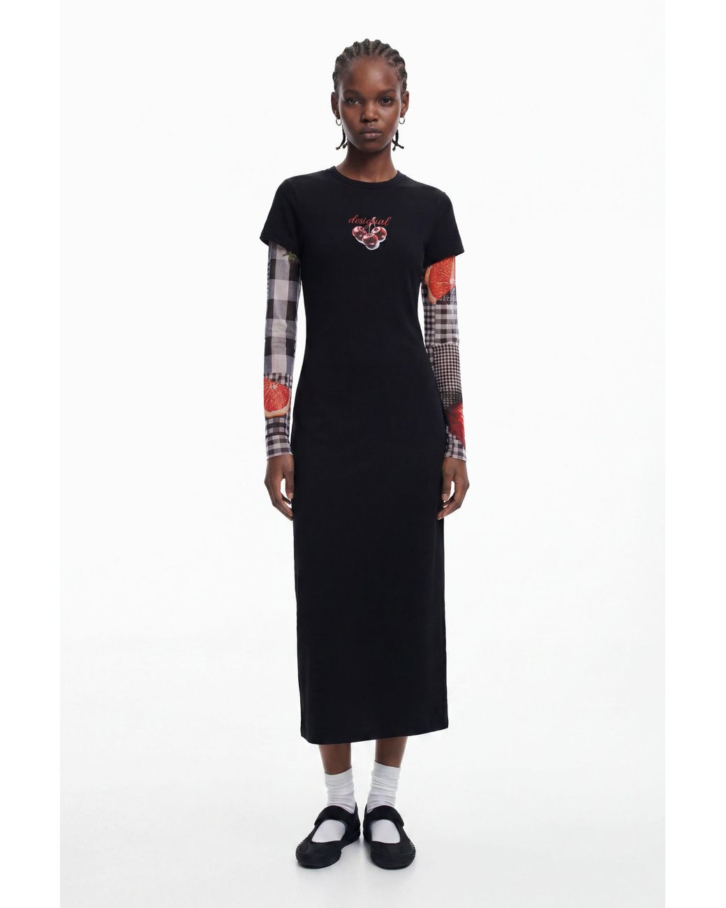 Desigual Blue Ribbed Midi Dress Cherries, Cotton
