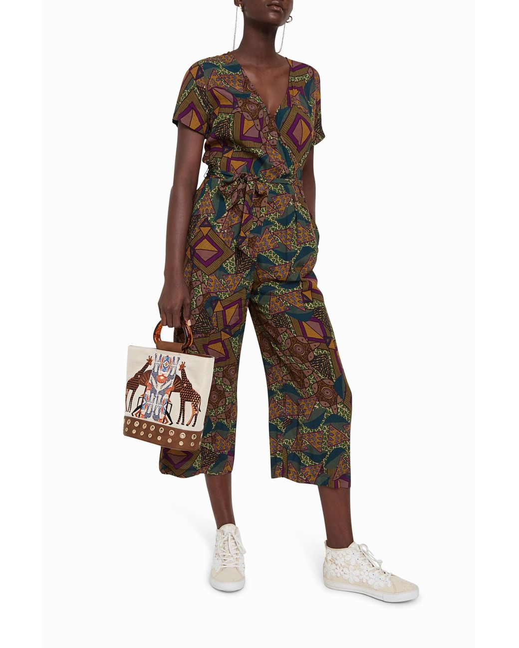 Desigual Green African Geometric Print Jumpsuit, Viscose