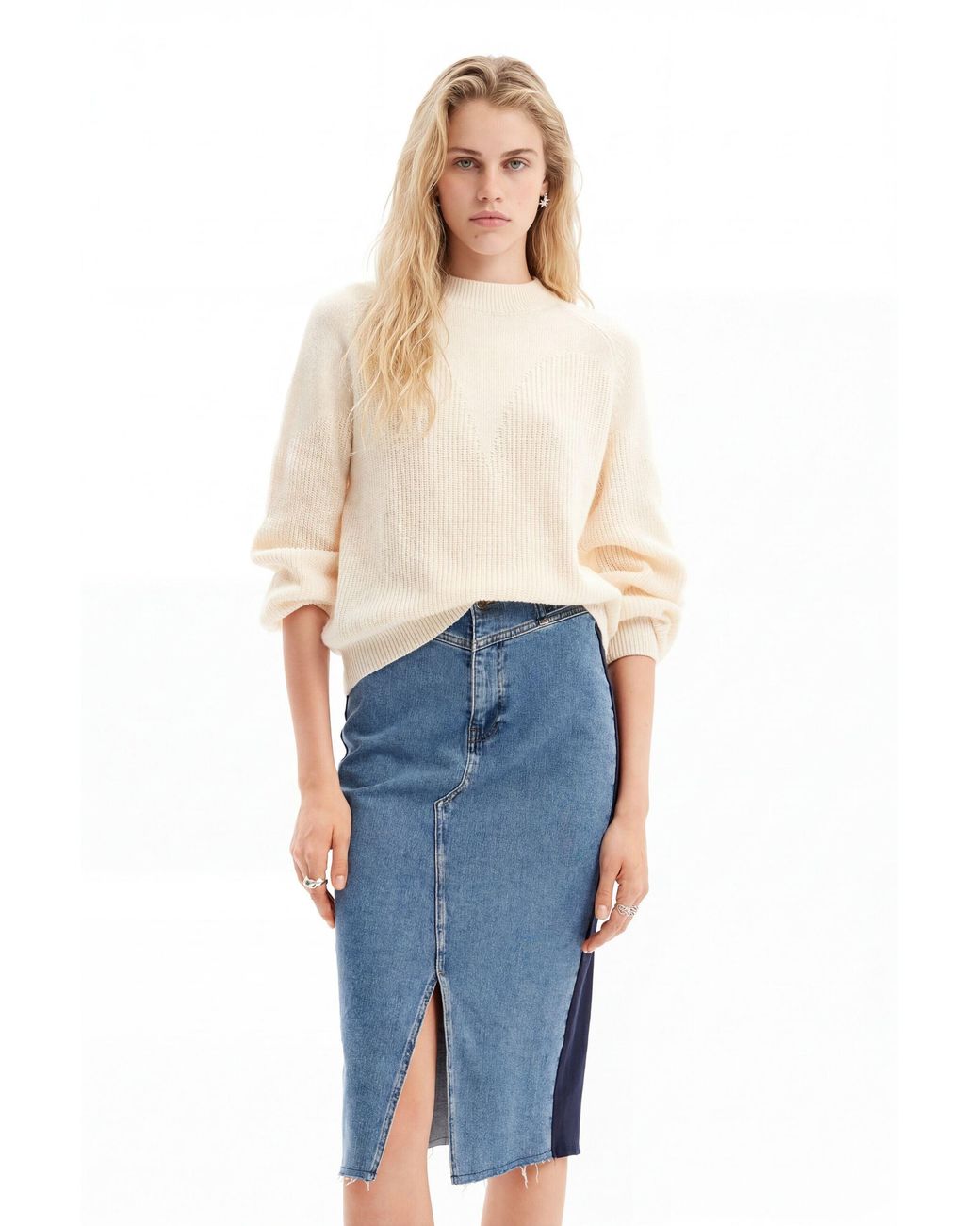 Desigual Blue Banded Denim Midi Skirt, Cotton