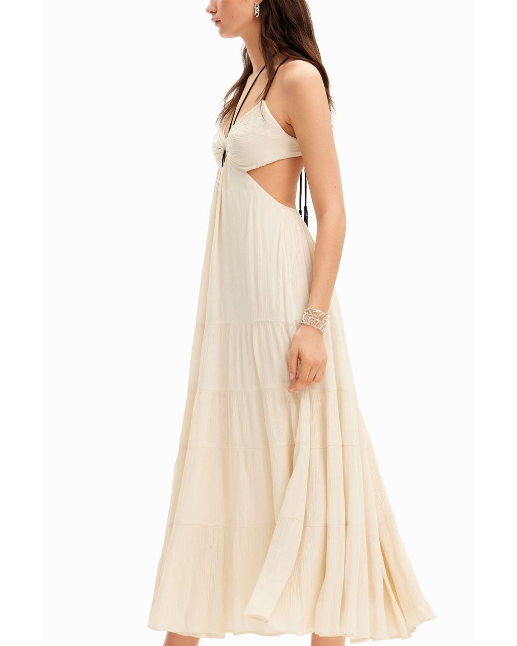 Desigual White Long Strappy Cut-Out Dress, Viscose
