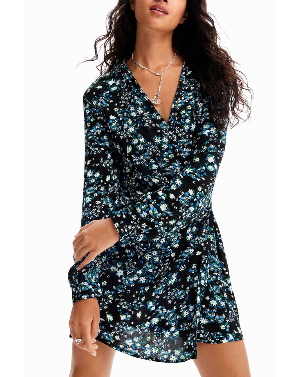 Desigual Green Short Floral Wrap Dress, Viscose