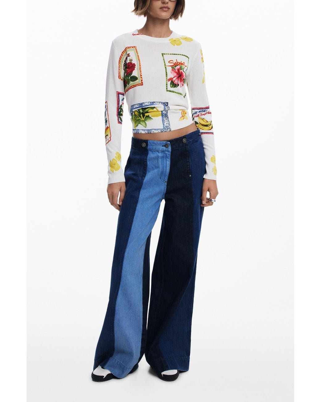 Desigual White Tropical Stamps Sweater