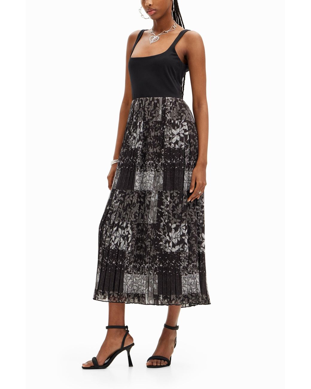 Desigual Black Pleated Combination Midi Dress
