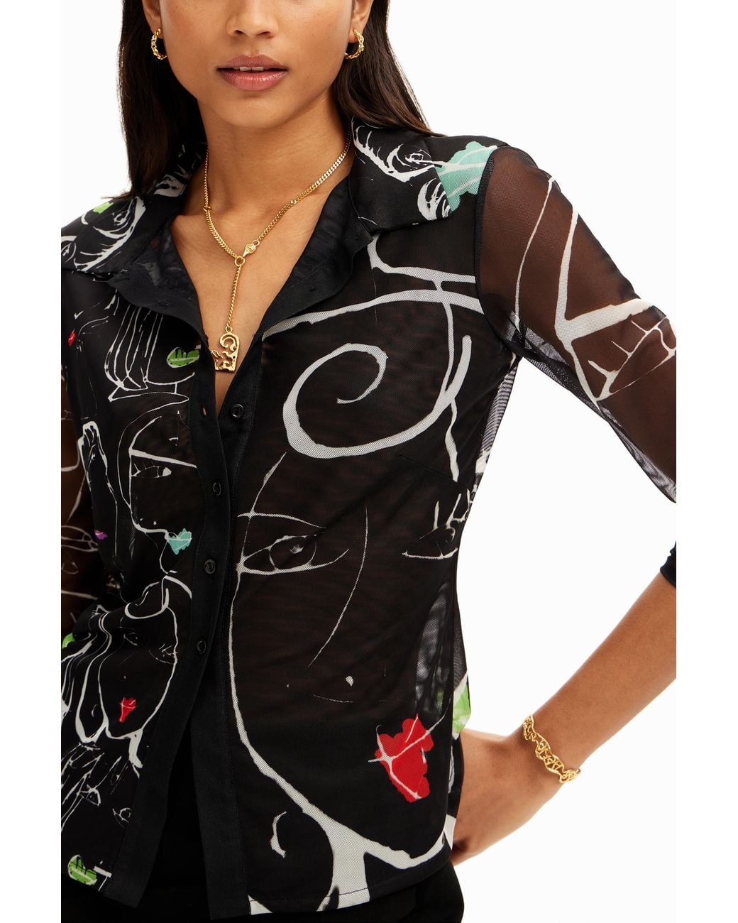 Desigual Black Arty Faces Ruched T-Shirt, Polyester