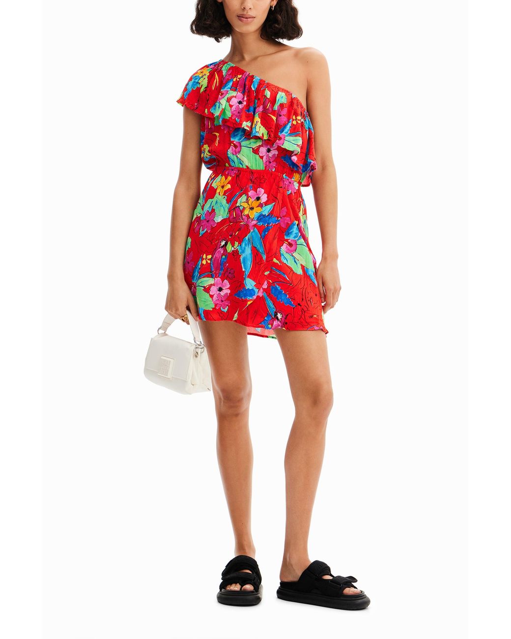 Desigual Red Tropical Asymmetric Short Dress, Viscose