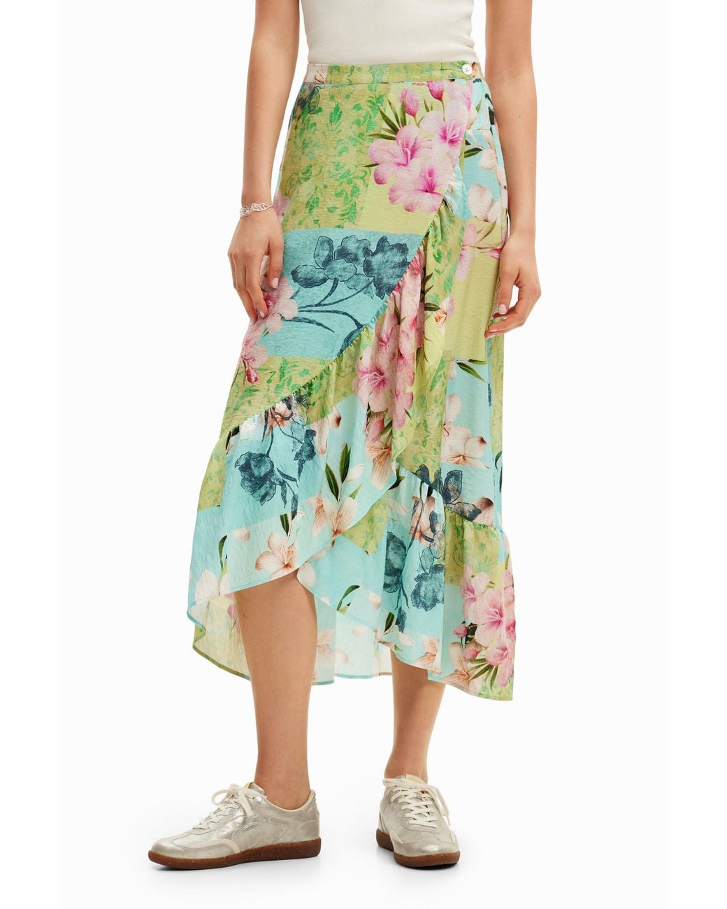 Desigual Green Floral Patchwork Midi Skirt