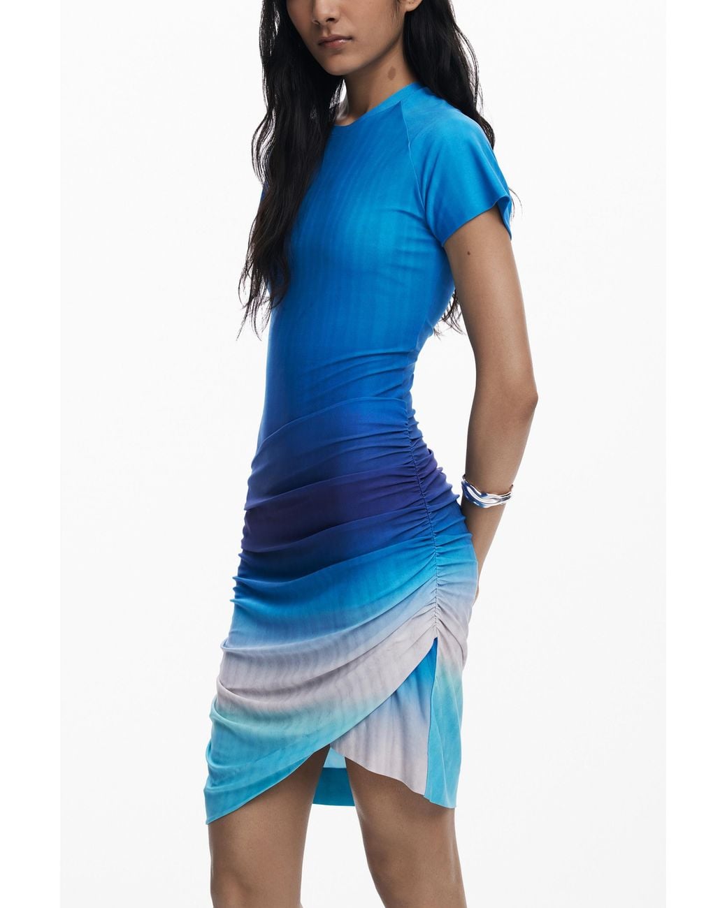 Desigual Blue Short Dress With Draped Skirt, Polyester
