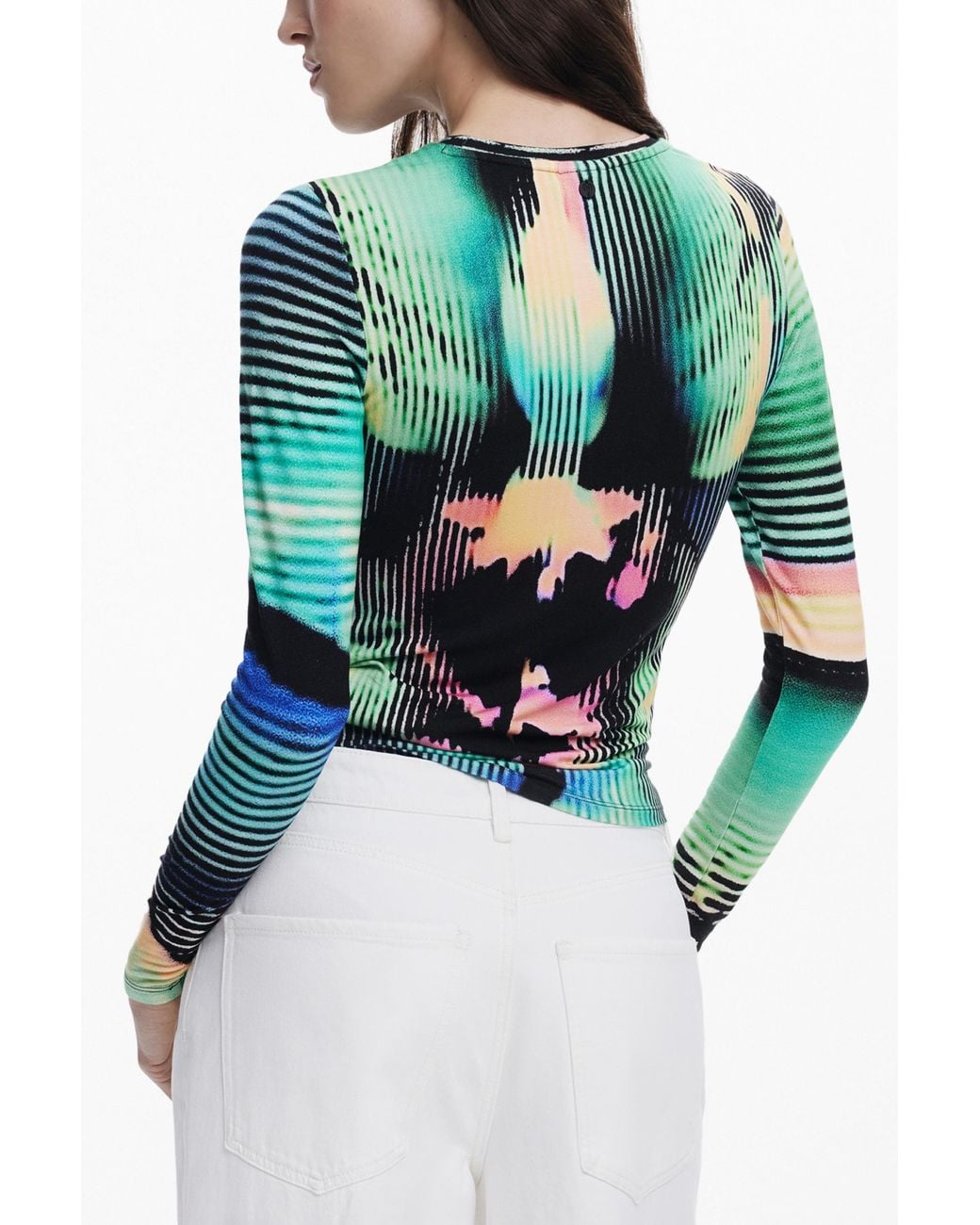 Desigual Green Long-Sleeve Striped T-Shirt, Viscose