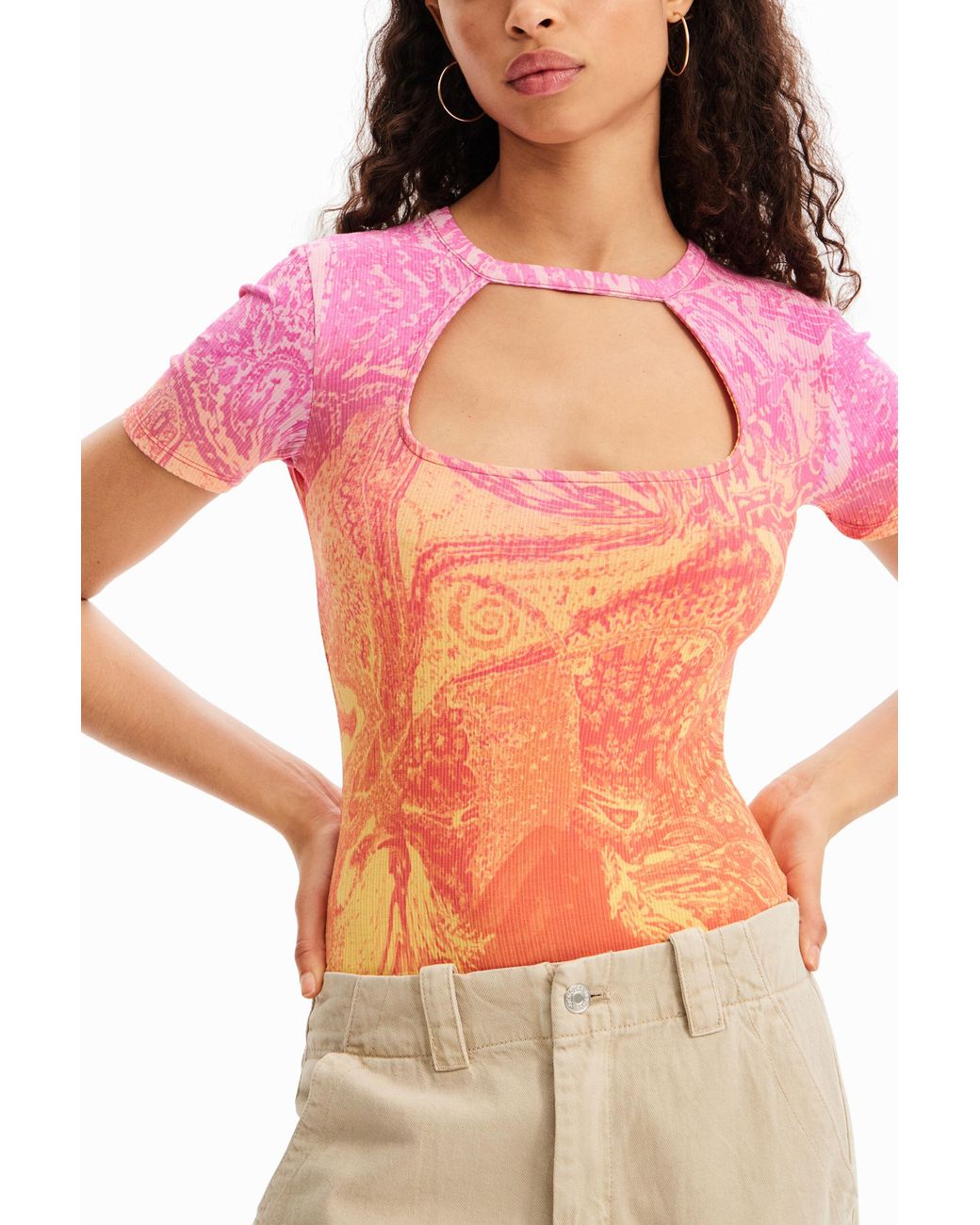 Desigual Pink M. Christian Lacroix Ribbed Cut-Out Bodysuit, Viscose
