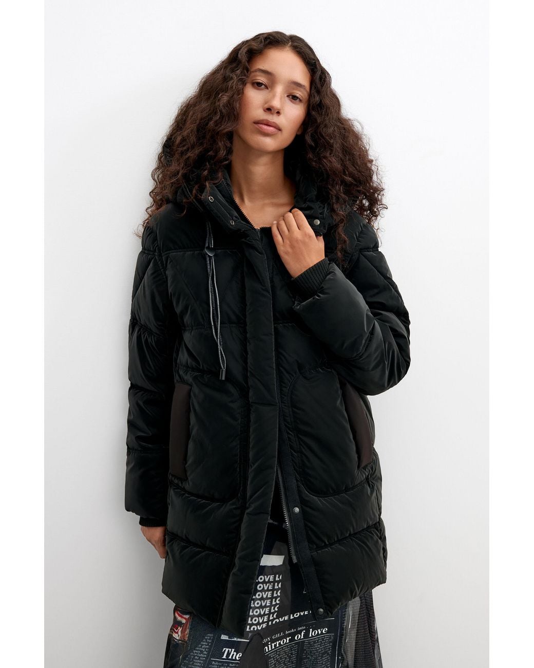 Desigual Black Long Padded Coat, Polyurethane