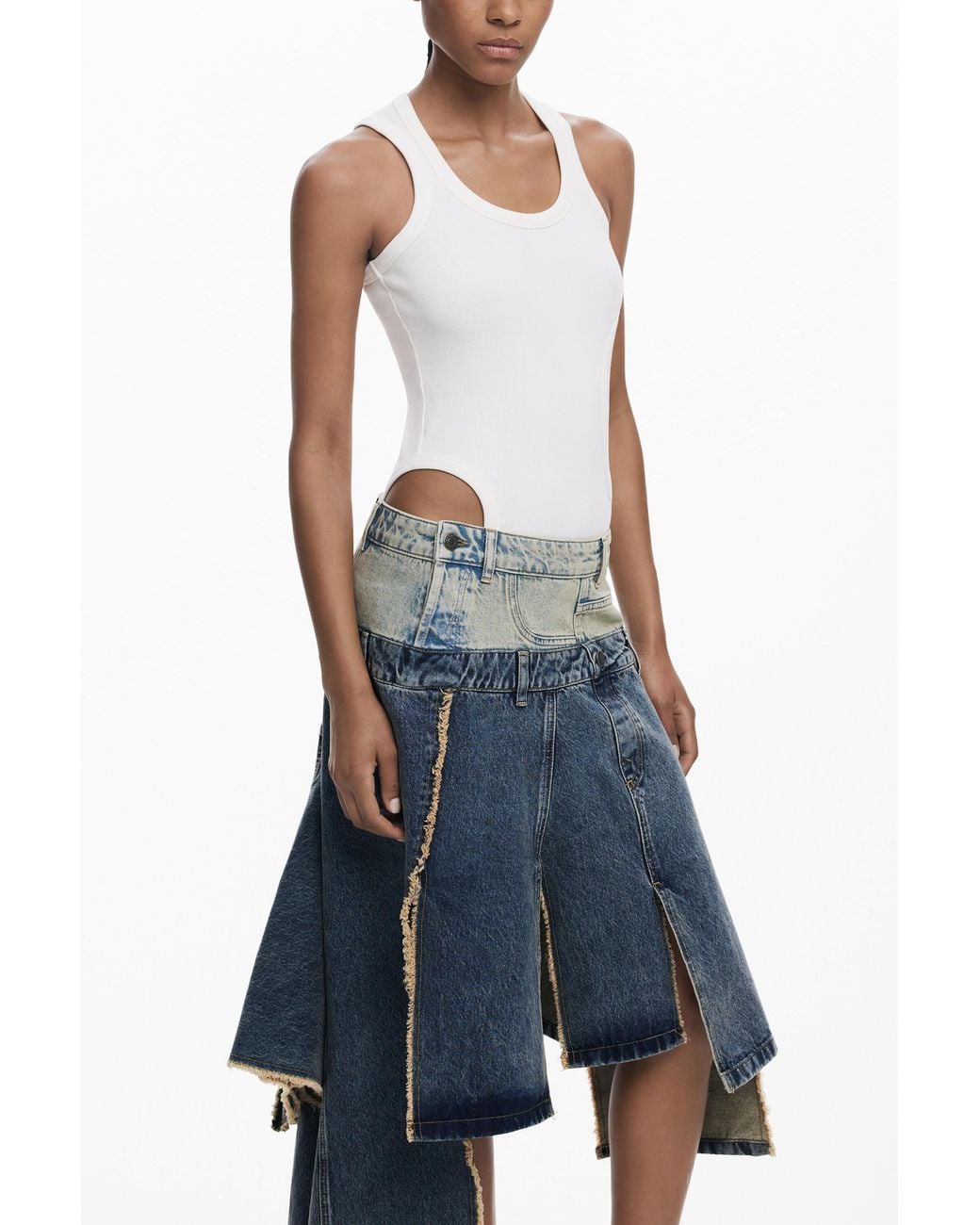 Desigual Blue Long Skirt With Double Waistband, Cotton