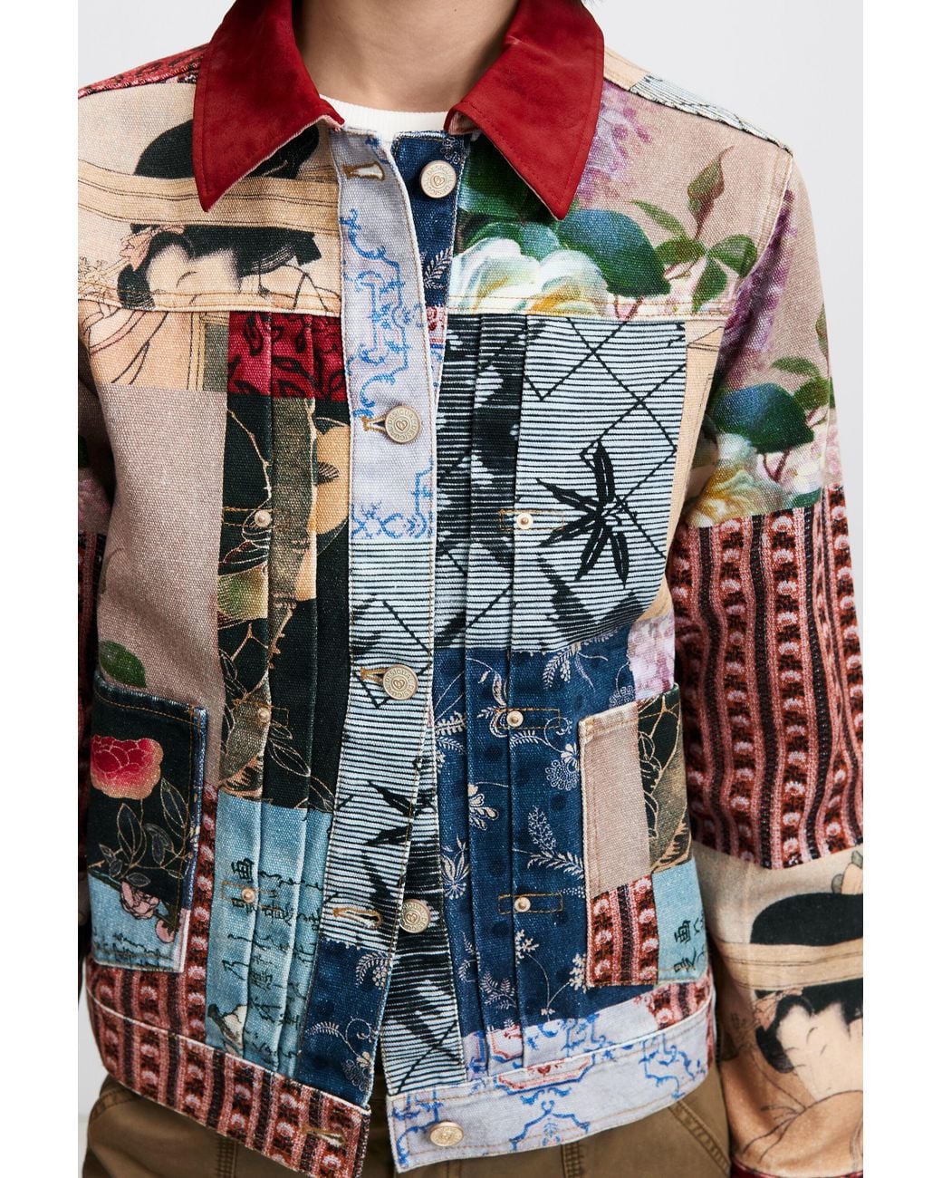 Desigual Red Regular Patchwork Cotton Jacket, Cotton