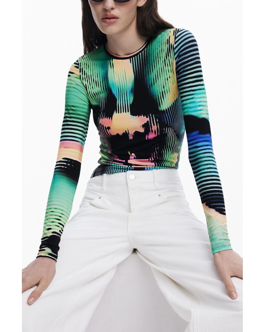 Desigual Green Long-Sleeve Striped T-Shirt, Viscose