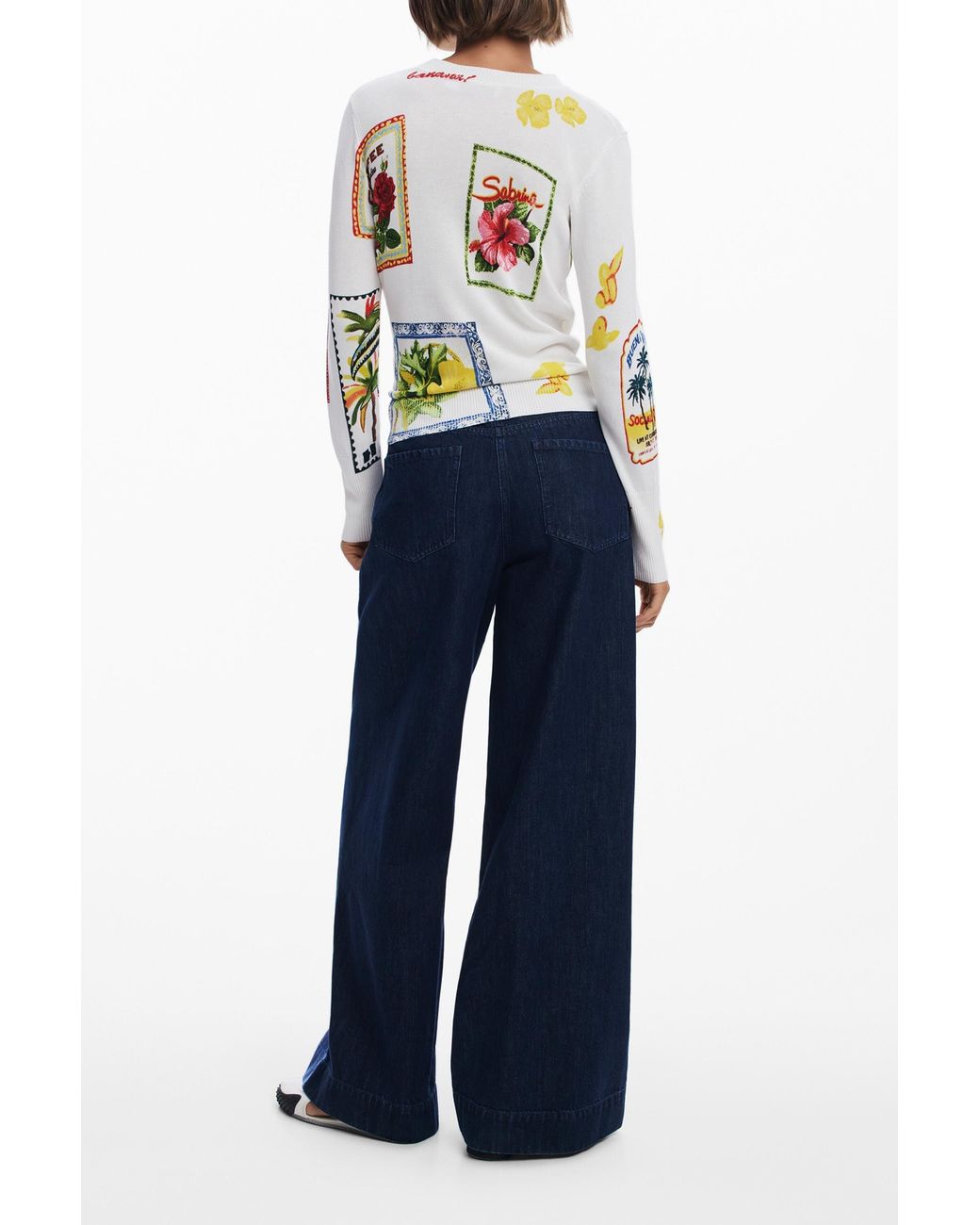 Desigual White Tropical Stamps Sweater