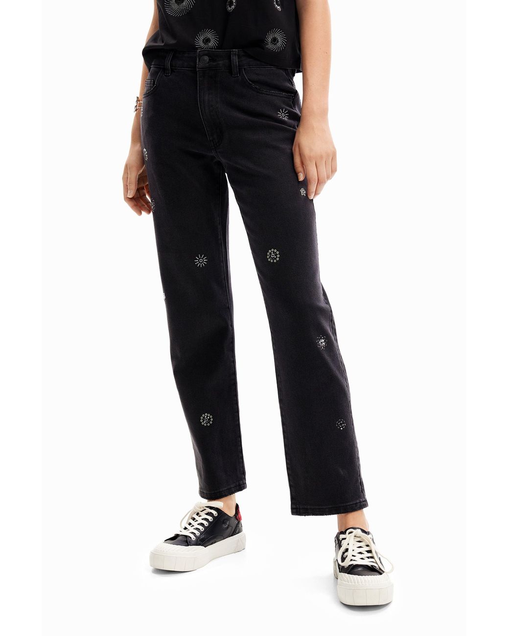 Desigual Black Straight Appliquéd Jeans, Cotton