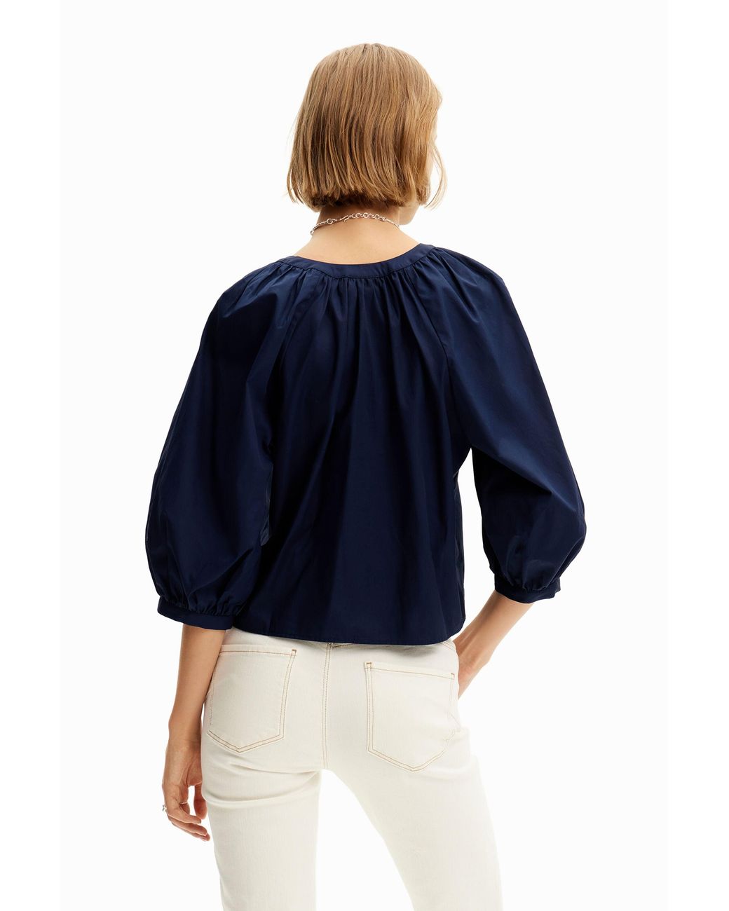 Desigual Blue V-Neck Poplin Blouse, Cotton