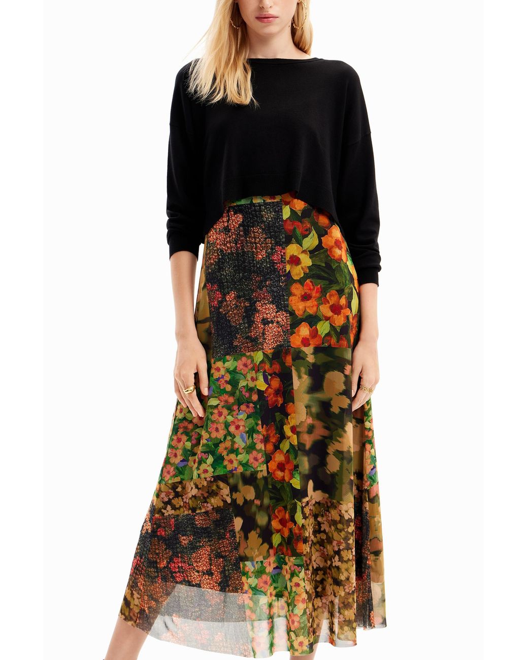 Desigual Black 2-In-1 Patchwork Midi Dress