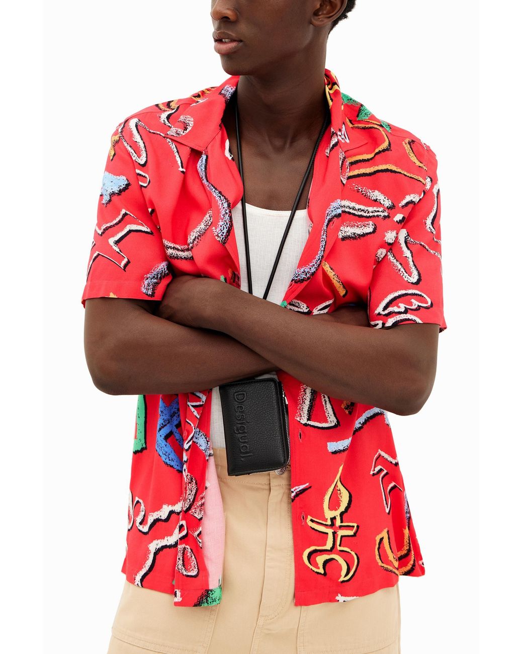 Desigual Red Shirt With Artistic Motifs, Viscose for men