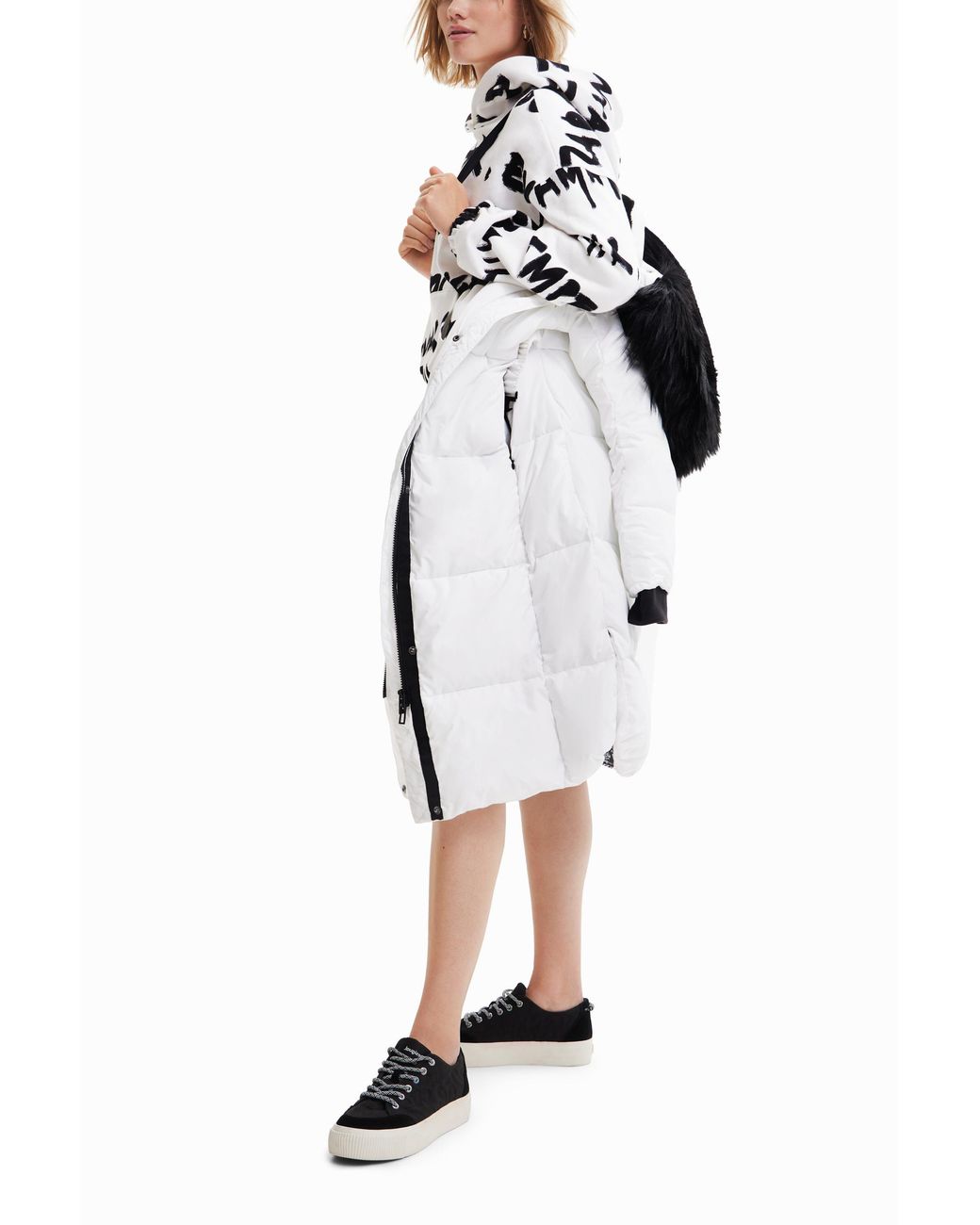 Desigual Black Long Padded Coat With Belt, Polyester
