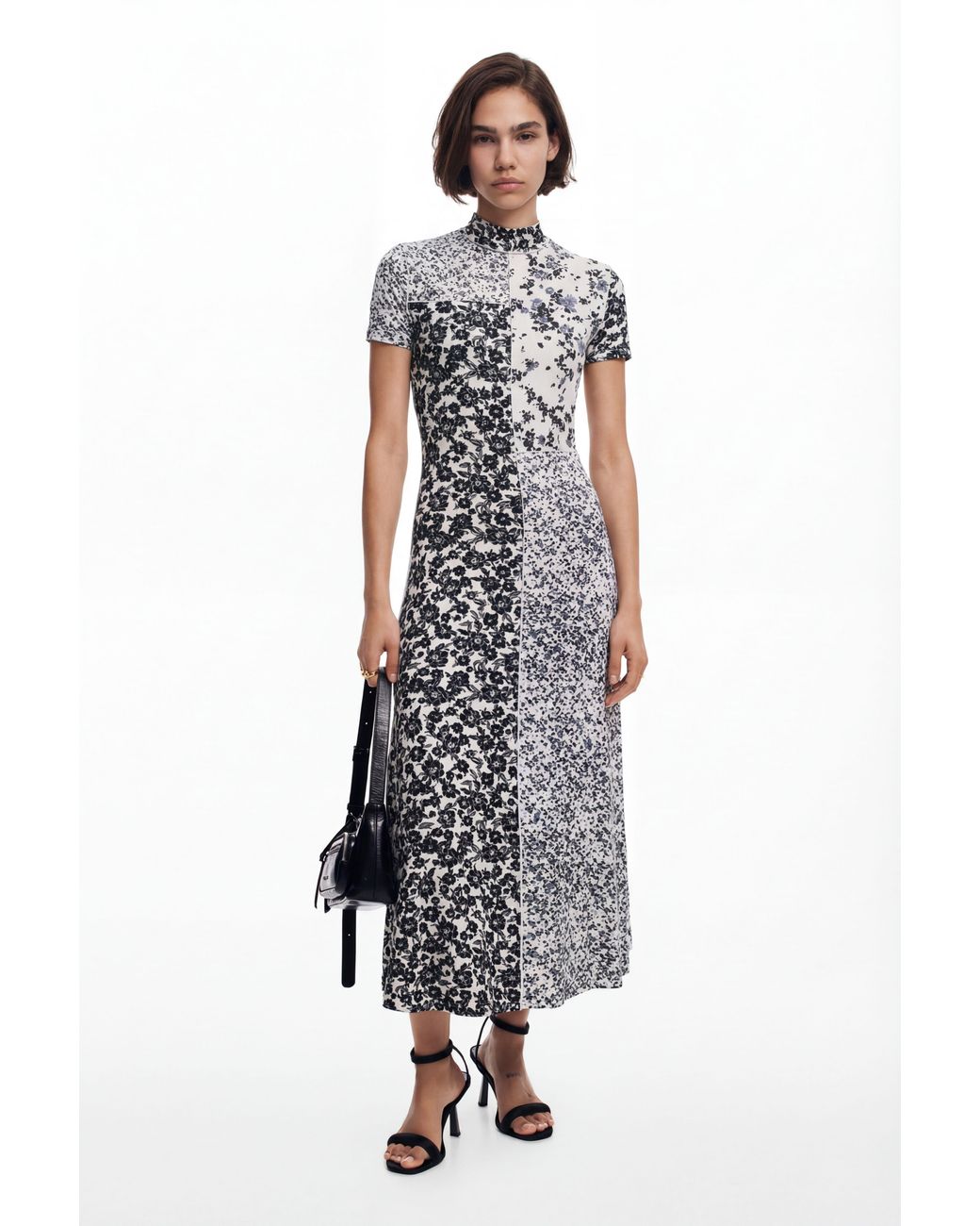 Desigual White Floral Mock-Neck Midi Dress