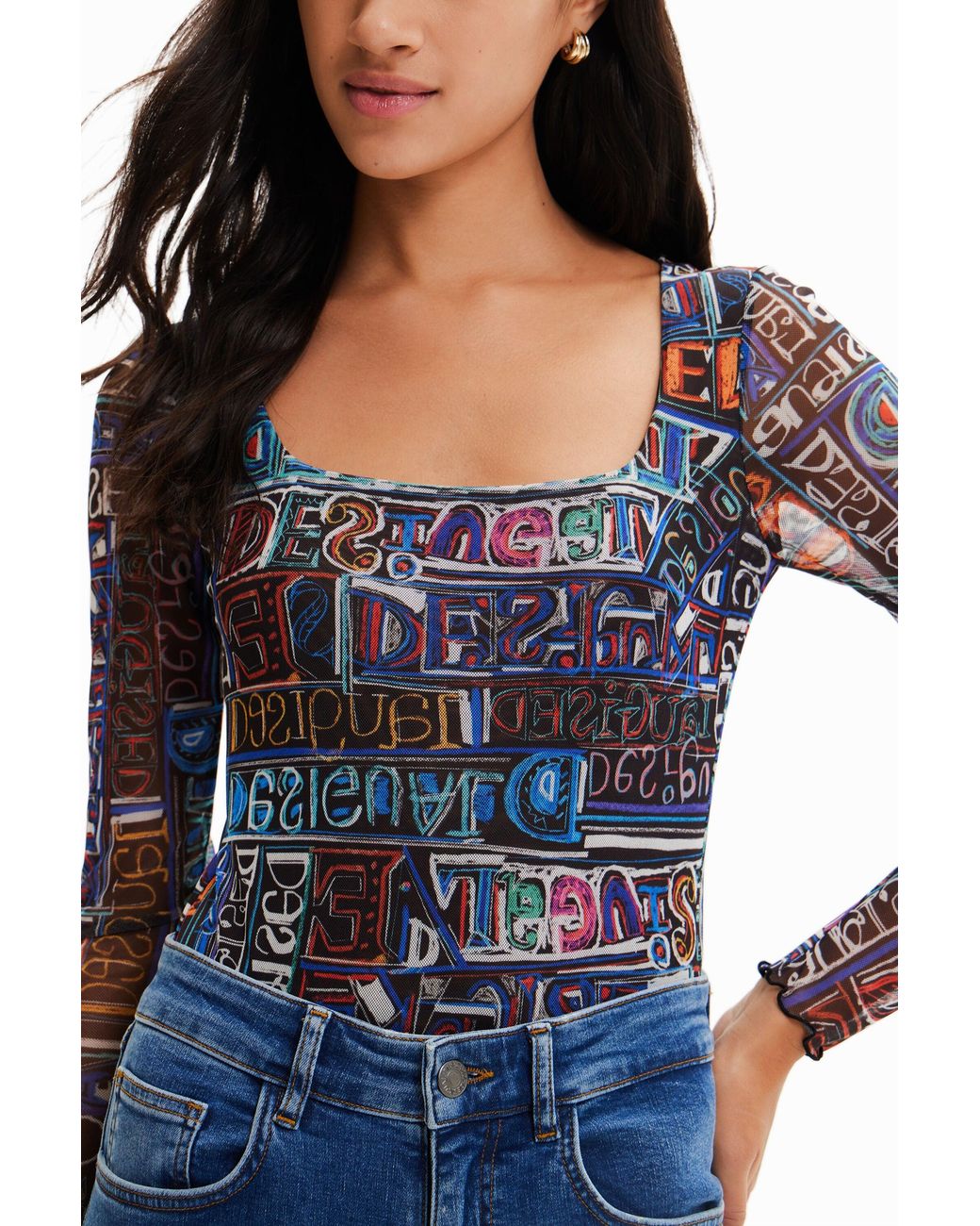 Desigual Blue Tulle Arty Logo Bodysuit, Polyester