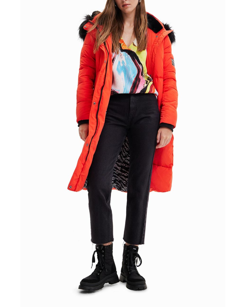 Desigual Red Long Padded Coat With Belt, Polyester