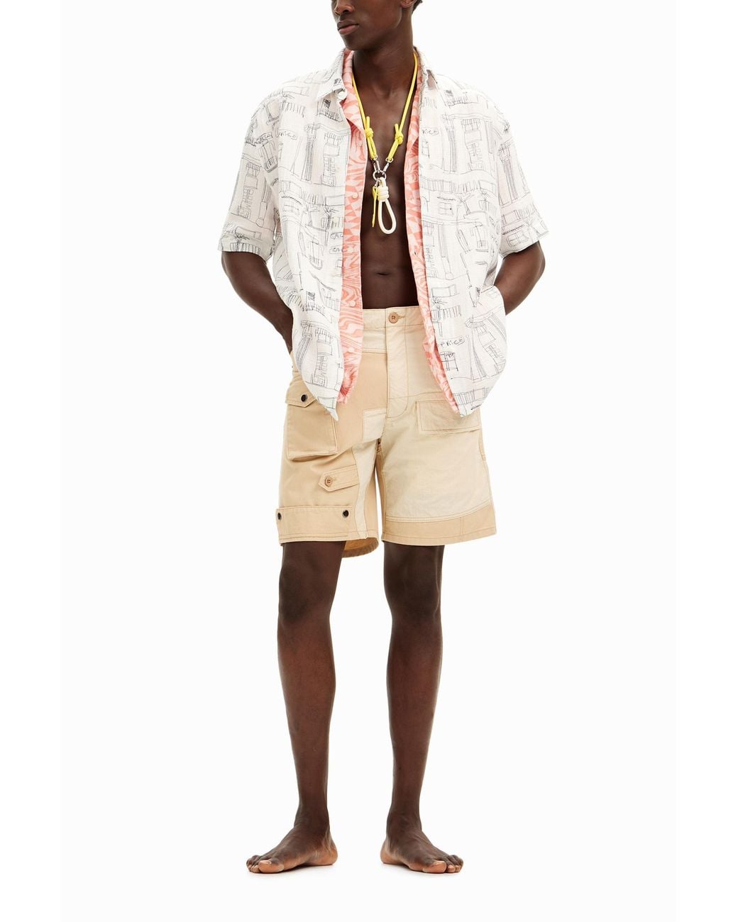 Desigual White Shirt With Column Illustrations, Cotton for men