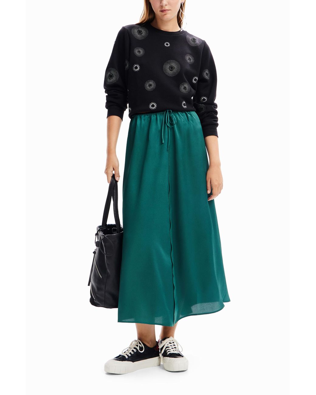 Desigual Green Satin Midi Skirt, Polyester
