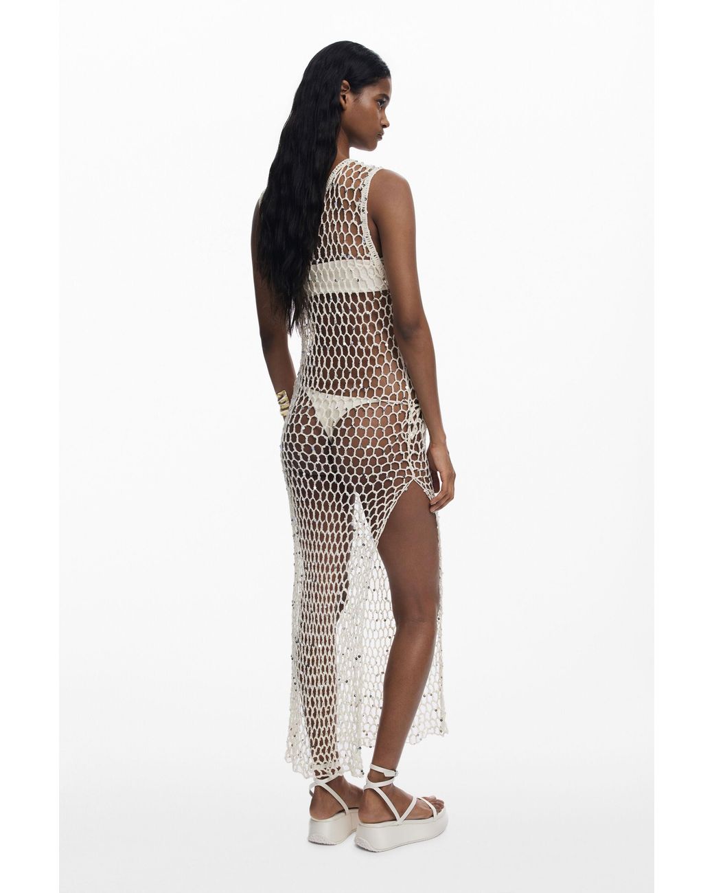 Desigual White Wrap Dress With Net Appliqués, Cotton
